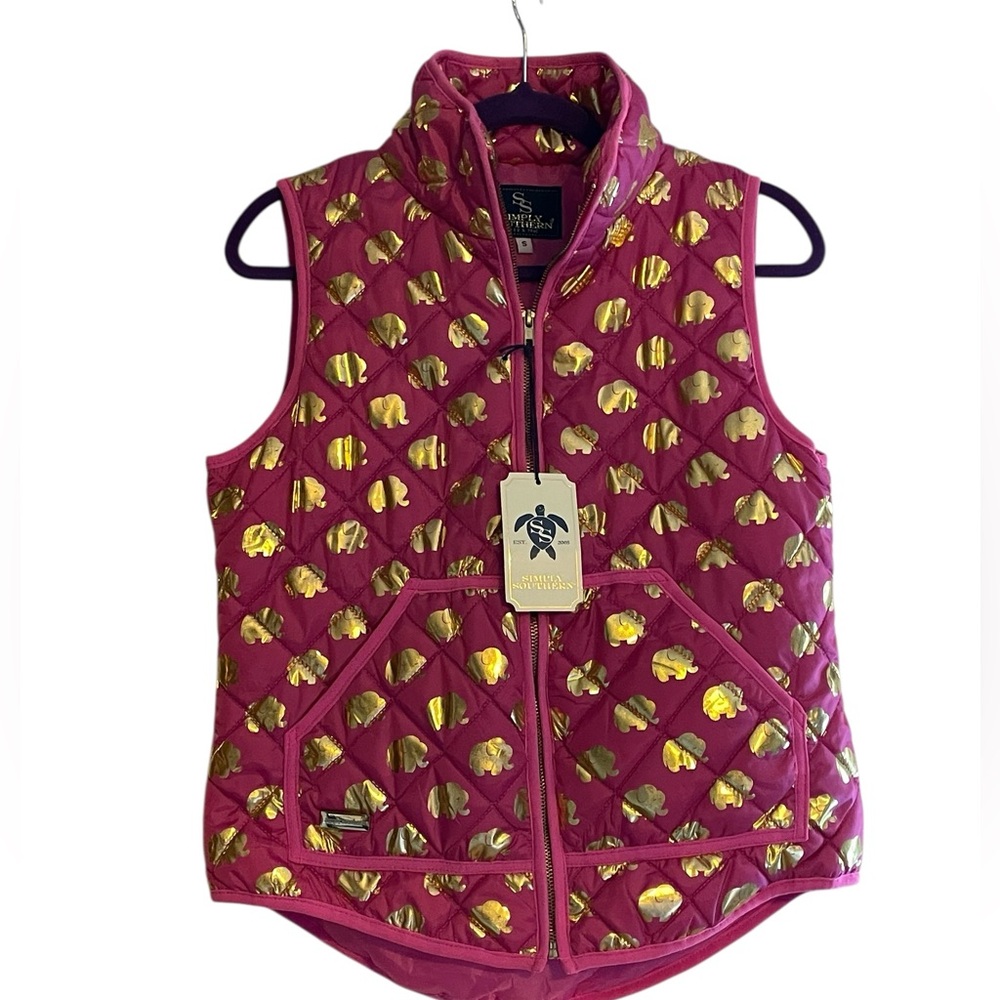 Simply Southern Pink Gold Elephant Puffer Vest S | Full‎ Zip | NWT